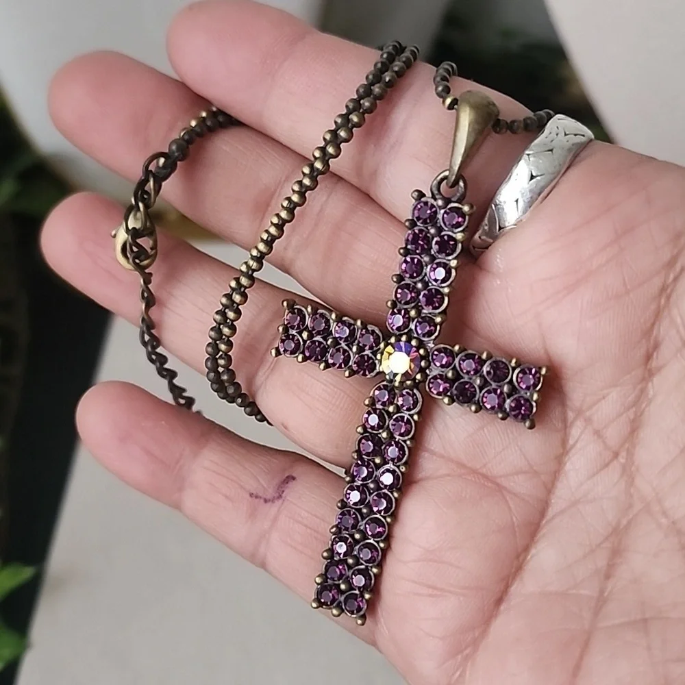 Brass Purple Crystal Cross Pendant on 18
